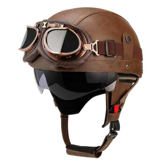 German Style Leather Motorcycle Helmet,Half Face Helmet with Goggles and Hidden Sun Visor, Half Shell for Cruiser Motorcycle (Dark Brown, XL) Two squirrels