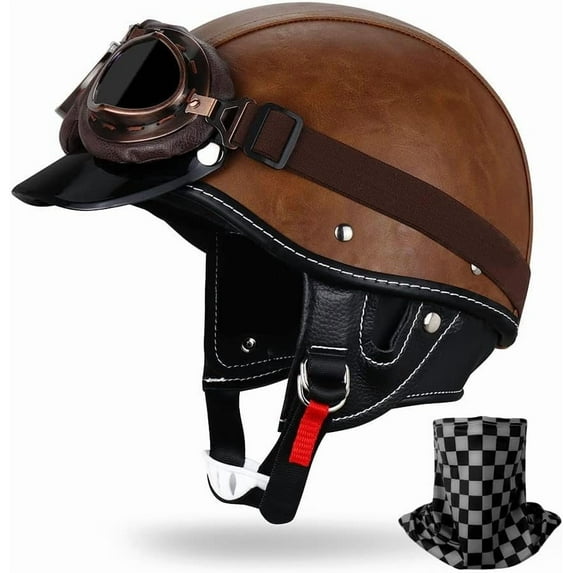 German Style Retro Motorcycle Half Open Face Leather Generic - DOT Approved Vintage Cap Shell Goggles for Men Women