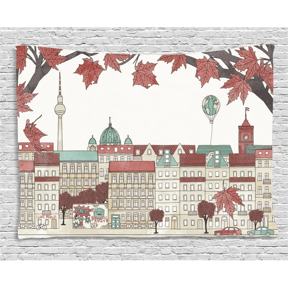 German Tapestry, Autumn in Berlin Colorful Hand Drawn Illustration of the Capital City of Germany, Wall Hanging for Bedroom Living Room Dorm Decor, 80W X 60L Inches, Multicolor, by Ambesonne