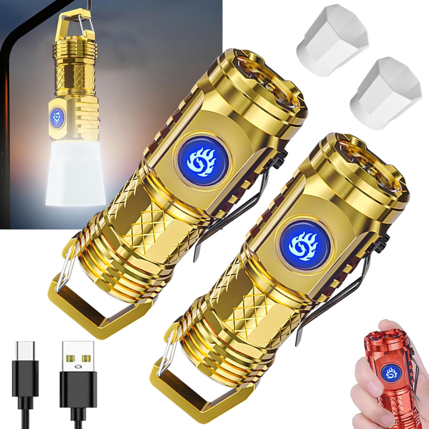 German Three-Eyed Monster Mini Flashlight Thumb Flashlight, Mini Flash Super Power Flashlight, Multi-Functional Mini Pen Clip Flashlight Light Steel High Lumen Rechargeable Waterproof (Gold)