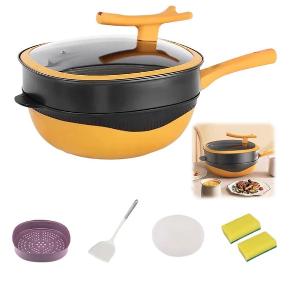 German Titanium Coated Fume Flat Bottom Square Pan Multi-Functional Non-Stick Dual-Purpose for Frying Stir-Frying Cookware Wok Titanium pan Yellow Alloy pan Titanium Basket Titanium nonstick t