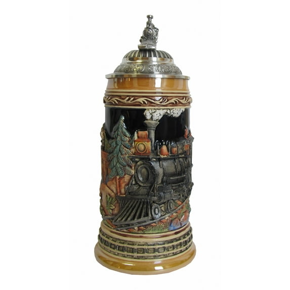 German Train Stein, cobalt, handpainted, ptd. pewter Trainlid, 0.5 liter tankard, beer mug