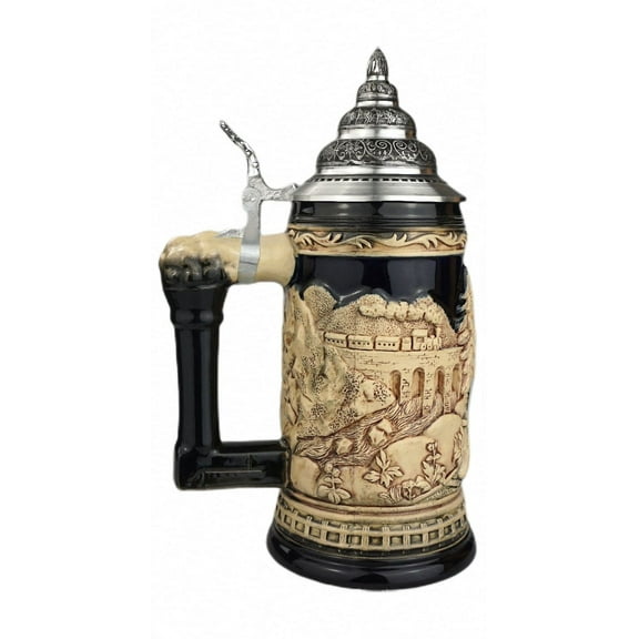 German Train Stein, unpainted, ptd. pewter nlid, 0.5 liter tankard, beer mug