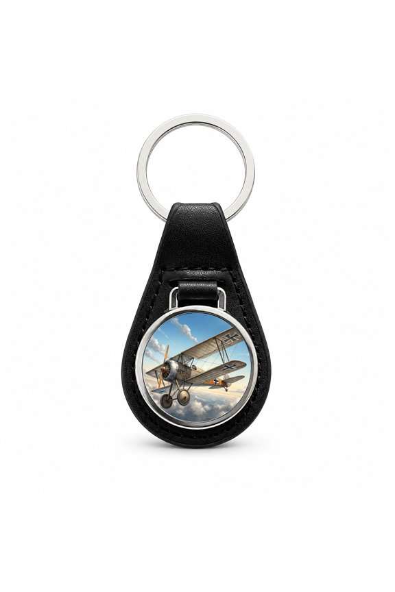 German WWI Biplane In Flight Metal Black Leather Keychain