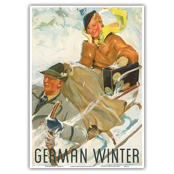 German Winter - Couple Sledding- Germany - Vintage Travel Poster by Kurt Heiligenstaedt c.1935 - Master Art Print 10in x 14in