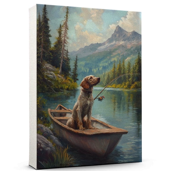 German Wirehaired Pointer Cute Dog Fishing Canvas Canvas  Retro German Wirehaired Pointer Dog Batter in Action With Fishing for Themed Living Room, Pet Shop Decor