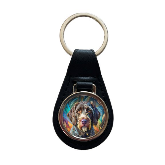 German Wirehaired Pointer Dog Contemporary Art Metal Black Leather Keychain