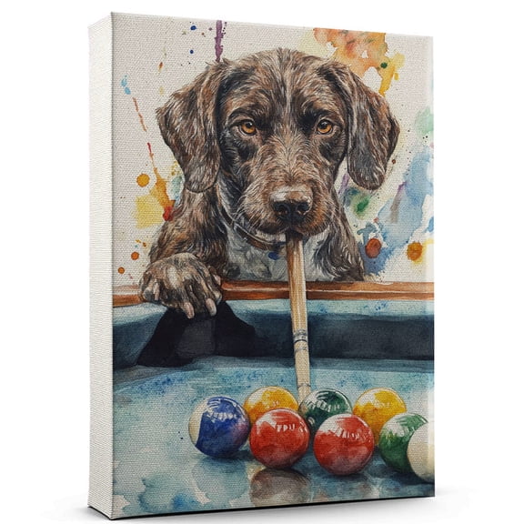 German Wirehaired Pointer Dog Playing Billiards Wall Canvas  German Wirehaired Pointer Canvas Art for Dog Lovers, Billiards Canvas and Unique Room Decor