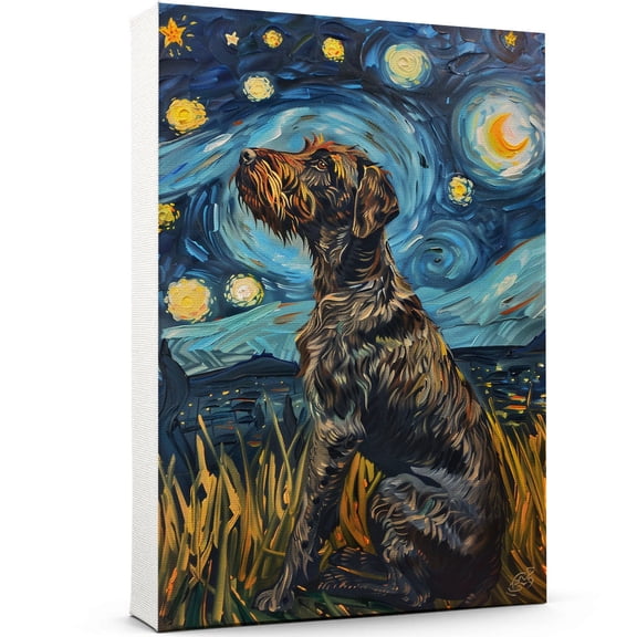 German Wirehaired Pointer Dog Starry Night Canvas Wall Art Prints, Dog Art Canvas Painting Poster,Pet Canvas Painting Puppy Artwork 8x12 inches