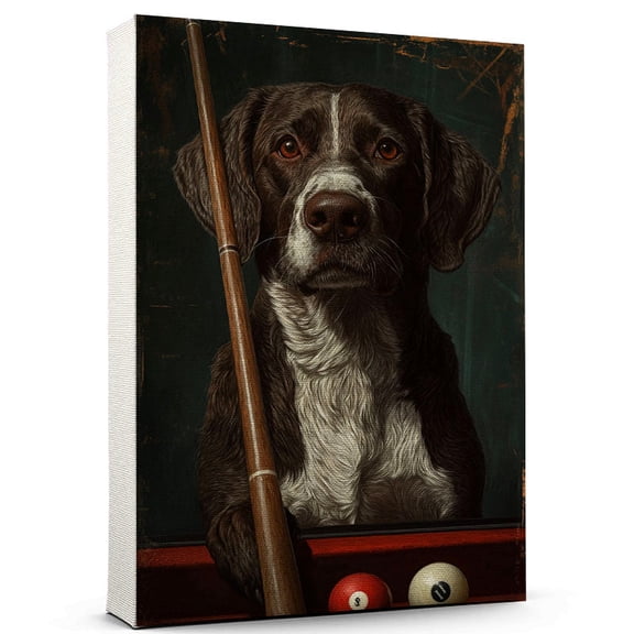 German Wirehaired Pointer Vintage Dog Billiards Canvas  Artistic Sports, German Wirehaired Pointer Dog with Billiards Canvas Wall Print for Bedroom, Living Room, Office