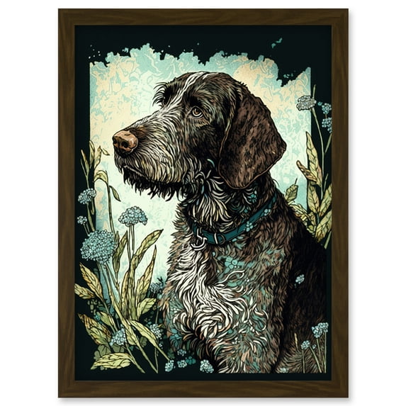 German Wirehead Pointer Dog and Blue Wildflowers Modern Portrait Illustration Artwork Framed Wall Art Print A4