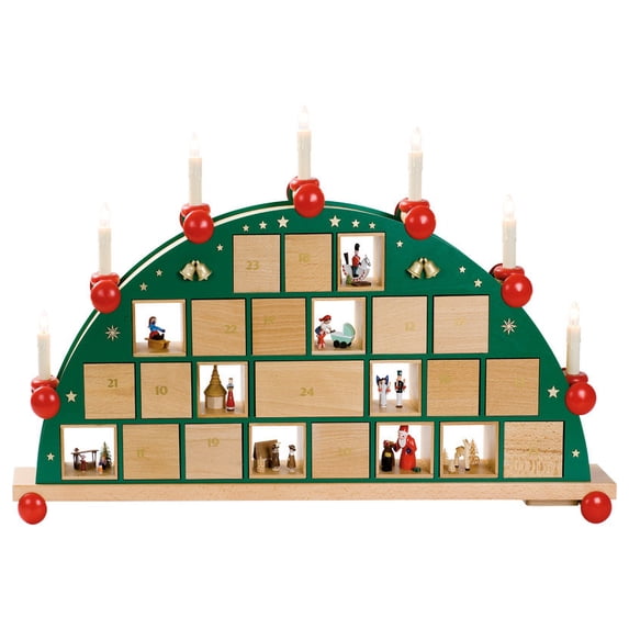 German candle arch Advent calendar, length 76 cm / 30 inch, natural, electrically illuminated, original Erzgebirge by Richard Glaesser Seiffen