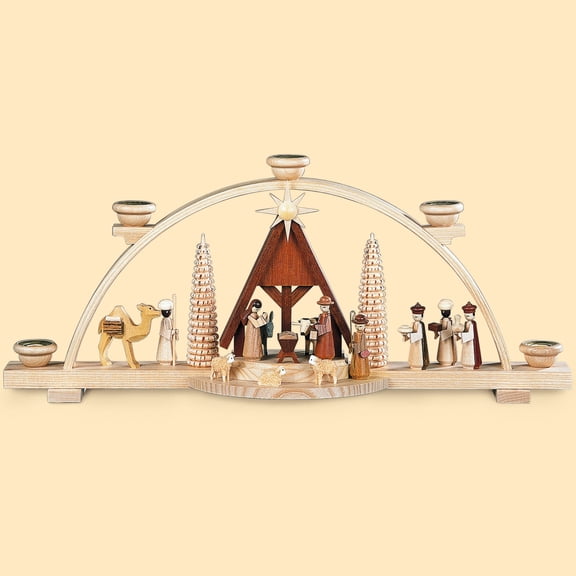 German candle arch Nativity scene, length 47 cm / 19 inch, natural, original Erzgebirge by Mller Seiffen MU 12418