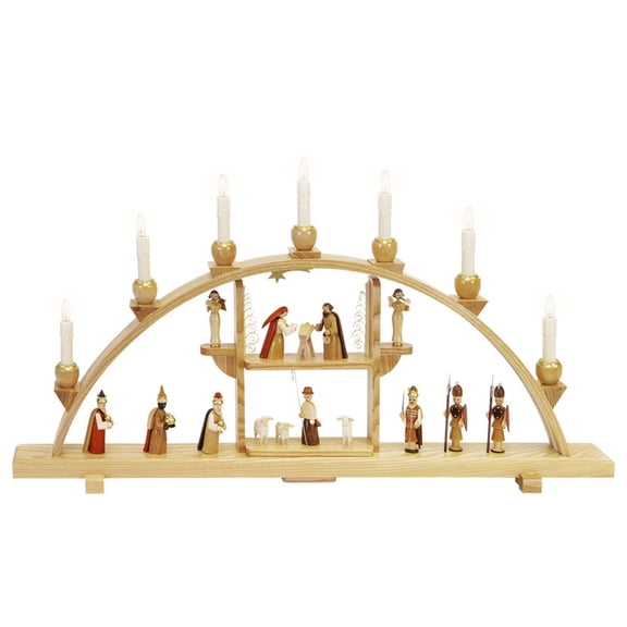 German candle arch Nativity scene, length 75 cm / 30 inch, natural, electrically illuminated, original Erzgebirge by Richard Glaesser Seiffen