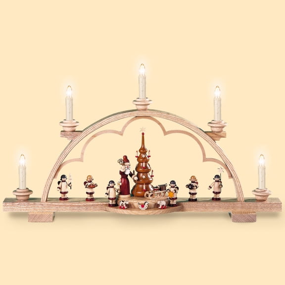 German candle arch Santa giving out Christmas presents, length 57 cm / 22 inch, natural, electrical illuminated (230V, 50Hz not for USA and Japan), original Erzgebirge by Mller Seiffen