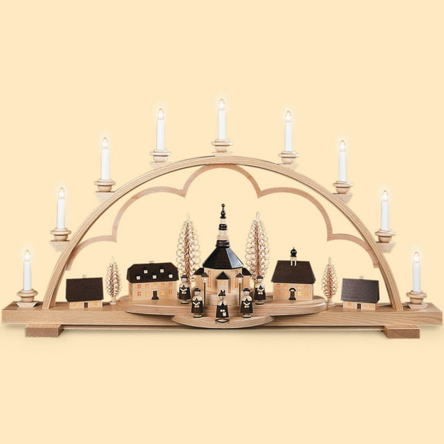 German candle arch Village of Seiffen, length 102 cm / 40 inch, natural, electrically
