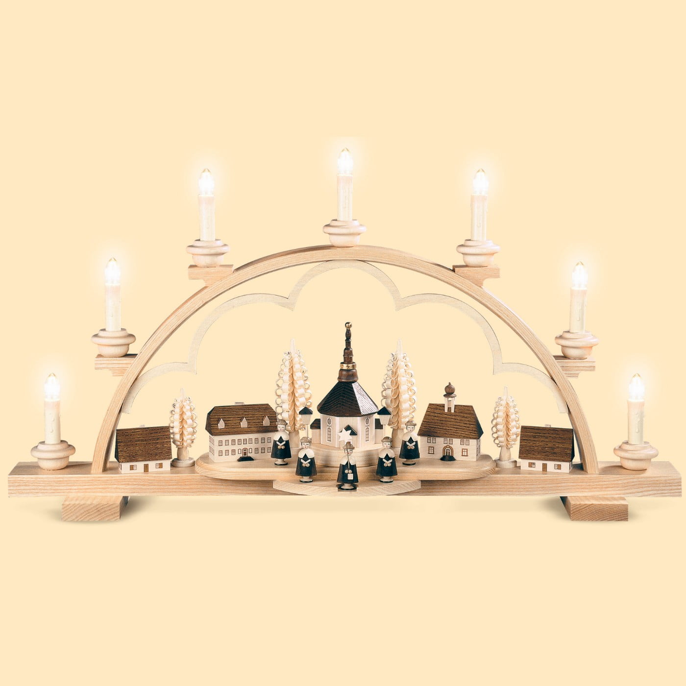 German candle arch Village of Seiffen, length 64 cm / 25 inch, natural, electrical illuminated