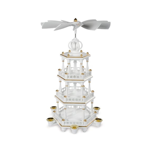 German christmas pyramid, 3-tier, height 51 cm / 20 inch, white-gold, original Erzgebirge by Mller Seiffen