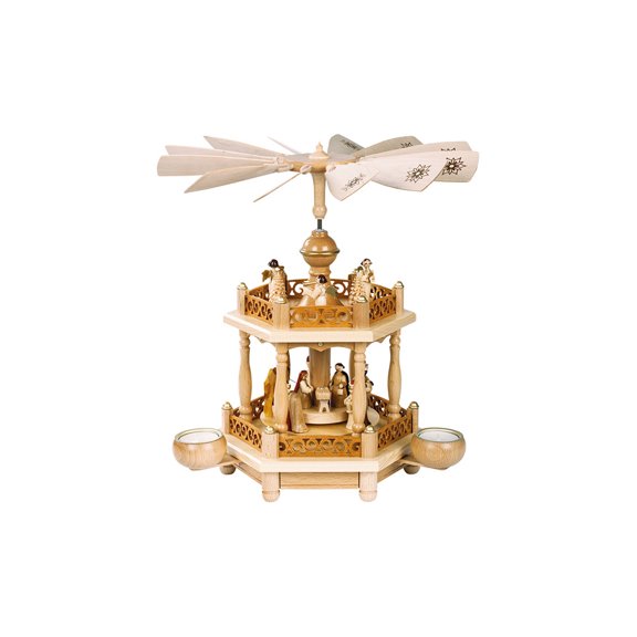 German christmas pyramid Nativity scene, 1-tier, height 35 cm / 14 inch, natural with tealights, original Erzgebirge by Richard Glaesser Seiffen