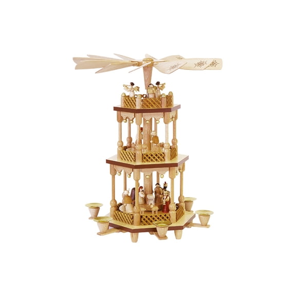 German christmas pyramid Nativity scene, 2-tier, height 38 cm / 15 inch, natural, original Erzgebirge by Richard Glaesser Seiffen