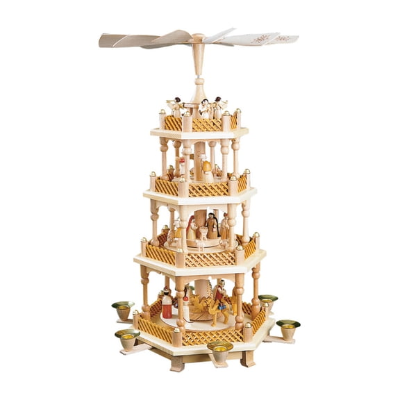 German christmas pyramid Nativity scene, 3-tier, height 54 cm / 21 inch, natural, original Erzgebirge by Richard Glaesser Seiffen
