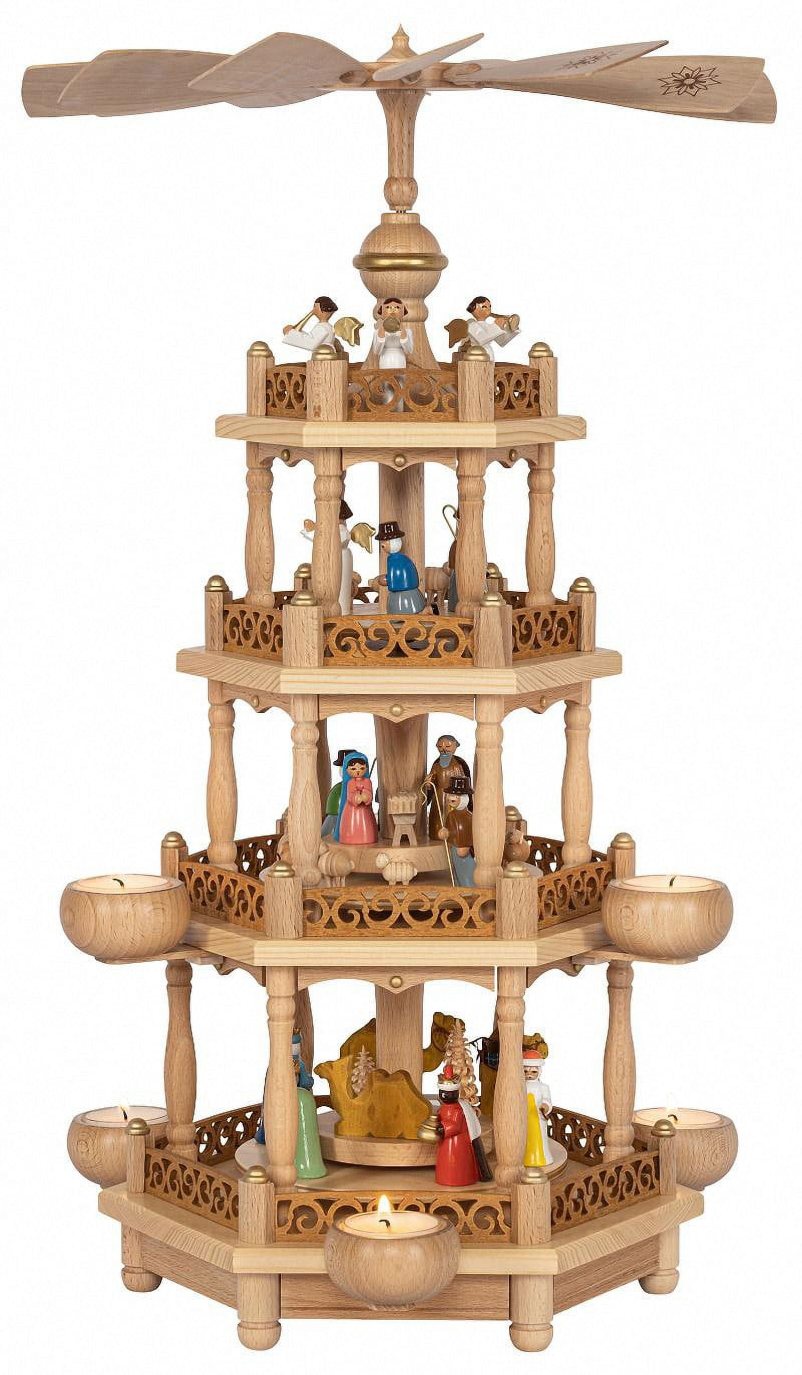 German christmas pyramid Nativity scene, 3tier, height 55 cm / 21 inch, natural, original