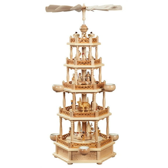 German christmas pyramid Nativity scene, 4-tier, height 74 cm / 29 inch, natural with tealights, original Erzgebirge by Richard Glaesser Seiffen