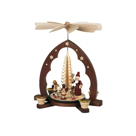 German christmas pyramid Santa giving out X-mas presents, woodshaving tree, 1-tier, height 30 cm / 12 inch, natural, original Erzgebirge by Mller Seiffen