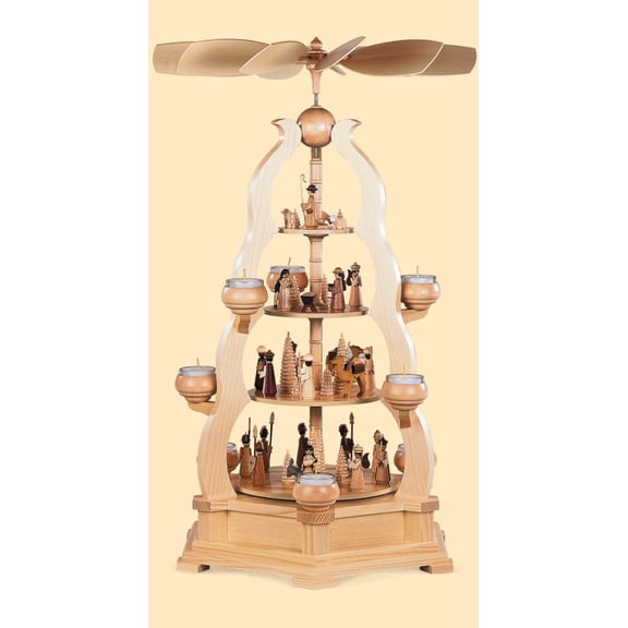 German christmas pyramid arch Christmas story, 4-tier, height 65 cm / 26 inch, natural with tealights, original Erzgebirge by Mller Seiffen