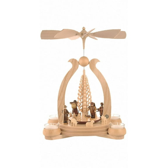 German christmas pyramid arch Forest scene, 1-tier, height 34 cm / 13 inch, natural with tealights, original Erzgebirge by Mller Seiffen