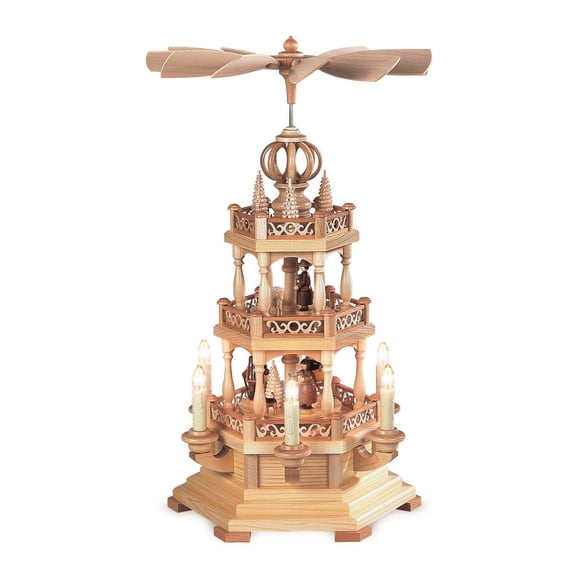 German christmas pyramid arch Forest scene, 2-tier, height 50 cm / 20 inch, electrical illuminated and driven (120V, 50Hz for USA and Japan), natural, original Erzgebirge by Mller Seiffen