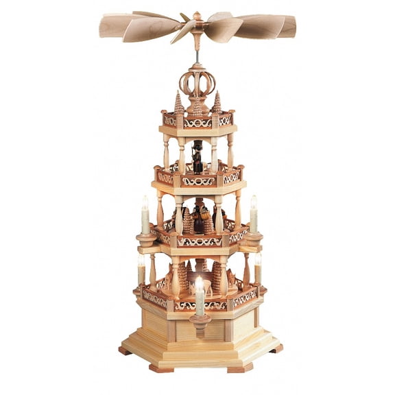 German christmas pyramid forest scene, 3-tier, height 63 cm / 25 inch, natural, electrical illuminated and driven (230V, 50Hz not for USA and Japan), original Erzgebirge by Mller Seiffen
