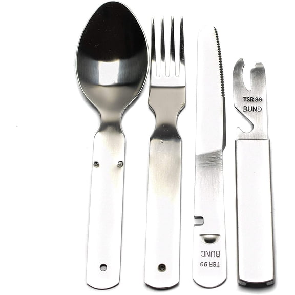 German cutlery set 4 pieces Eating utensils military style spoon fork knife kit flatware multi-tool Camping bottle can opener stainless steel NEW