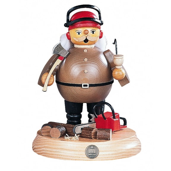 German incense smoker Tree cutter with power saw on support, height 18 cm / 7 inch, original Erzgebirge by Mller Seiffen