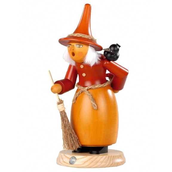 German incense smoker witch with raven and fly agaric, height 25 cm / 10 inch, original Erzgebirge by Mller Seiffen