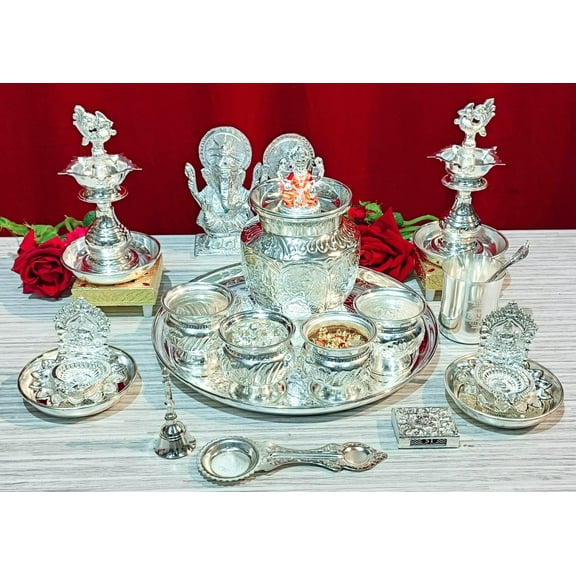 German silver Laxmi idol Pooja set - 23 pieces set of 23 pieces for diwali/housewarming