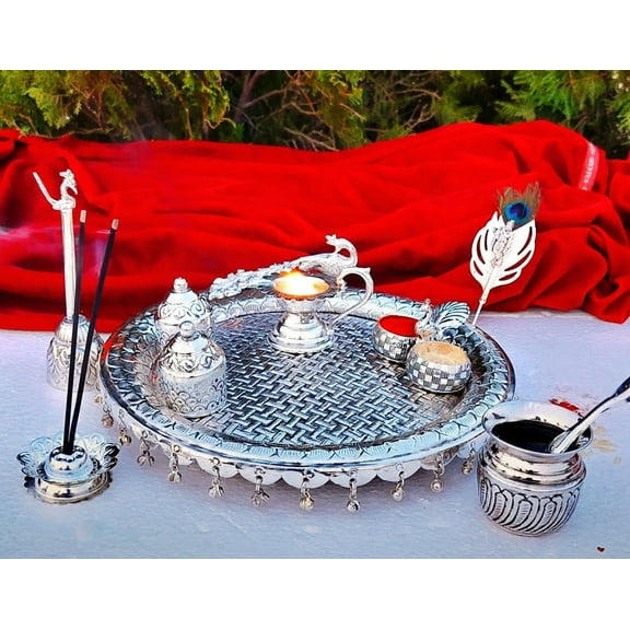 German silver antique finish peacock engraved Ghungaru Pooja set for housewarming/ diwali