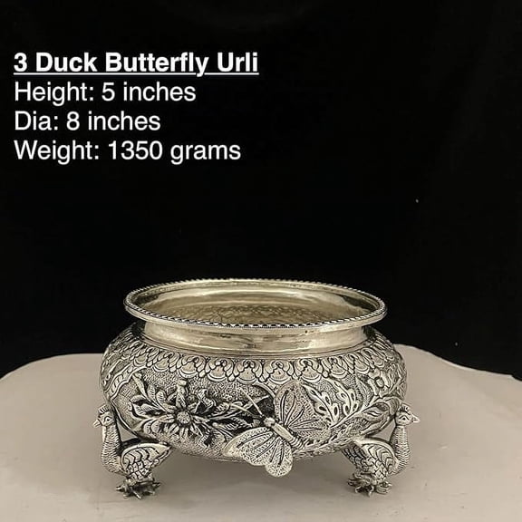 German silver duck butterfully fully carved urli bowl for home dcor/ fruits/ snacks