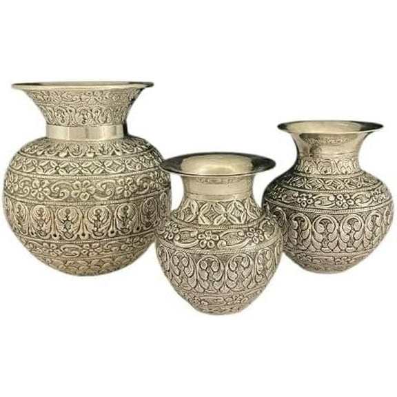 German silver fully carved kalash for home dcor, housewarming pooja, karwachauth, 1 piece, size : 5.3"