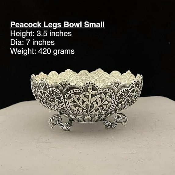 German silver fully carved peacock legs urli bowl for fruits/ snacks/ gift item/ home décor/diwali décor