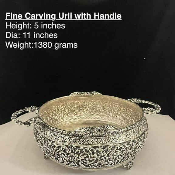 German silver fully carved urli bowl with handle for home dcor/ fruits/ snacks/ gift item