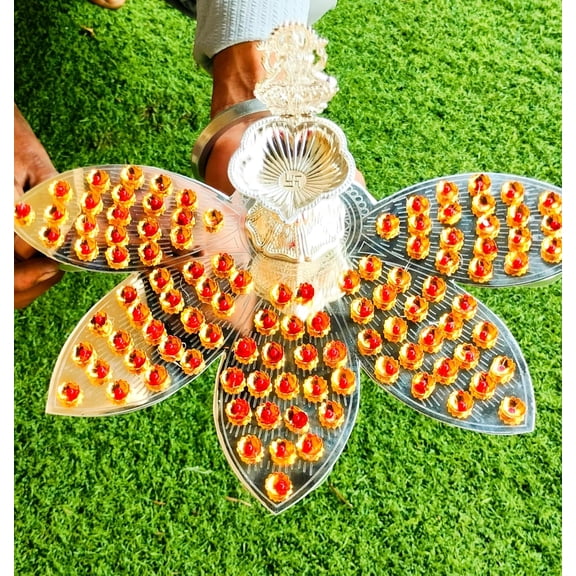German silver lotus petals Ashtotram stand with 108 Golden red stone flower with lakshmi diya