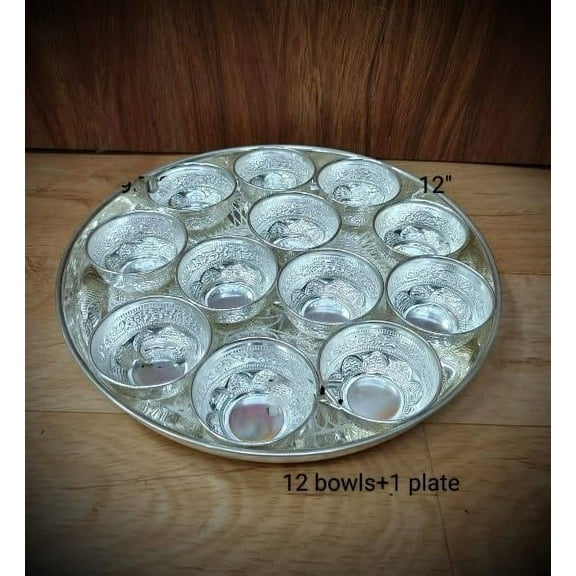 German silver prasadam plate with 12 prasadam bowls for housewarming/snacks/ party