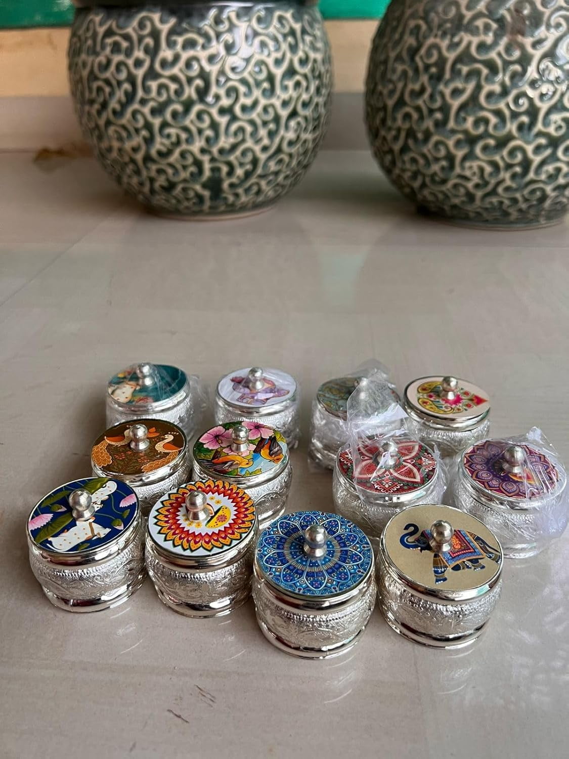 German silver set of 10 multi design dibbis/ boxes for jewelery / small ...
