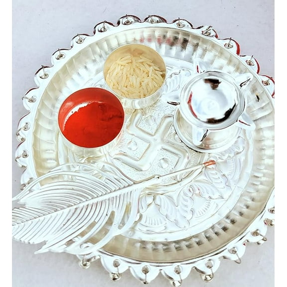 German silver small Ghungaru aarti thali set with tika stick for diwali