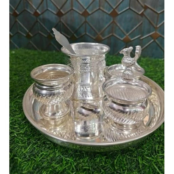 German silver small pooja thali set of 5 pieces for housewarming/diwali pooja/ gift item
