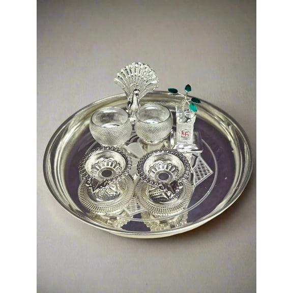 German silver small pooja thali set of 5 pieces for housewarming, diwali pooja
