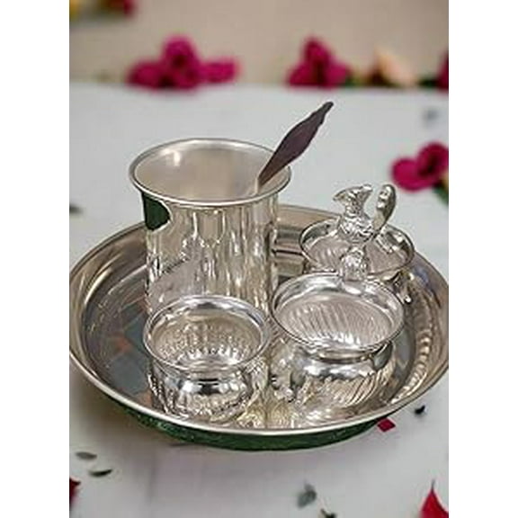 German silver small pooja thali set of 5 pieces for housewarming pooja