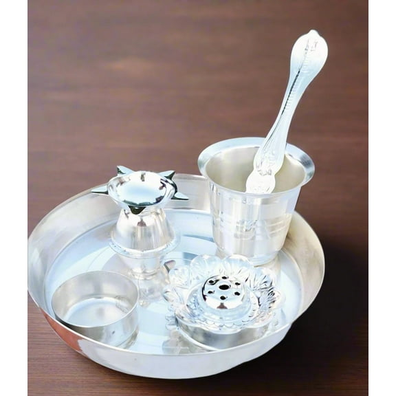 indiancraftsbykanika Pooja Thali Set Art Deco German Silver Floral Pattern 6 Piece Small