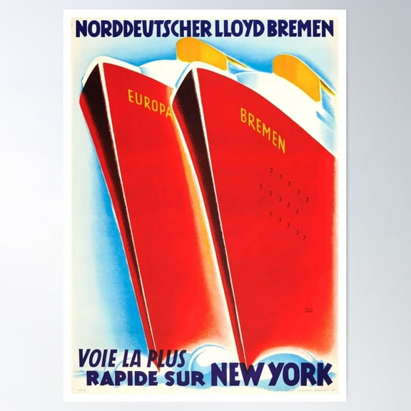 Germany 1930'S Art Deco Cruise Ship Travel Poster Poster Wall Art, Modern Wall Decor For Living Room Bedroom, 8x12 UNFRAMED